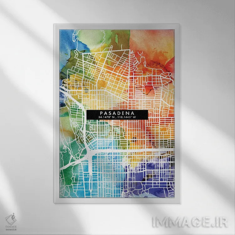 تابلو دکوراتیو California City Map Colorful Watercolor Style,نقشه شهر پ… اثر وال دکور ادیکت - نمای قابدار سفید