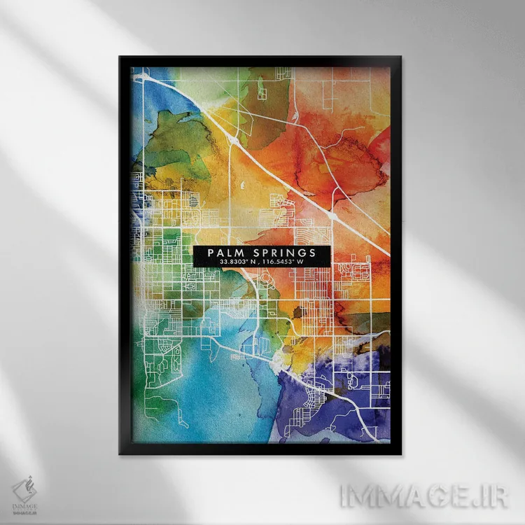 تابلو دکوراتیو California City Map Colorful Watercolor Style,نقشه شهر پ… اثر وال دکور ادیکت - نمای قابدار مشکی