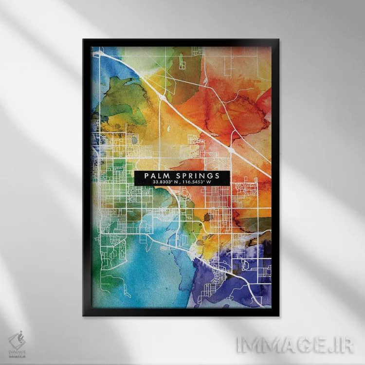 تابلو دکوراتیو California City Map Colorful Watercolor Style,نقشه شهر پ… اثر وال دکور ادیکت - نمای قابدار مشکی