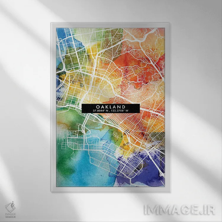 تابلو دکوراتیو California City Map Colorful Watercolor Style,نقشه شهر ا… اثر وال دکور ادیکت - نمای قابدار سفید