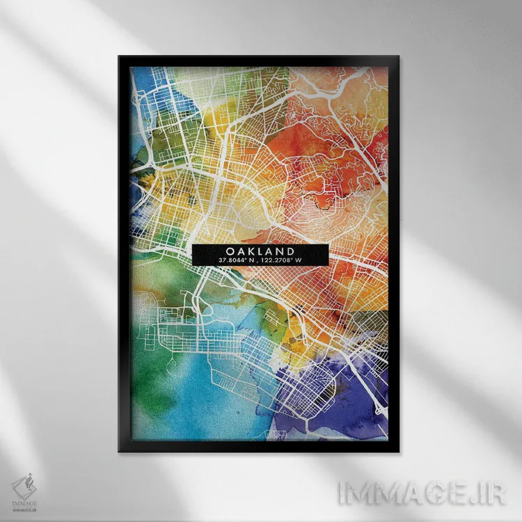تابلو دکوراتیو California City Map Colorful Watercolor Style,نقشه شهر ا… اثر وال دکور ادیکت - نمای قابدار مشکی