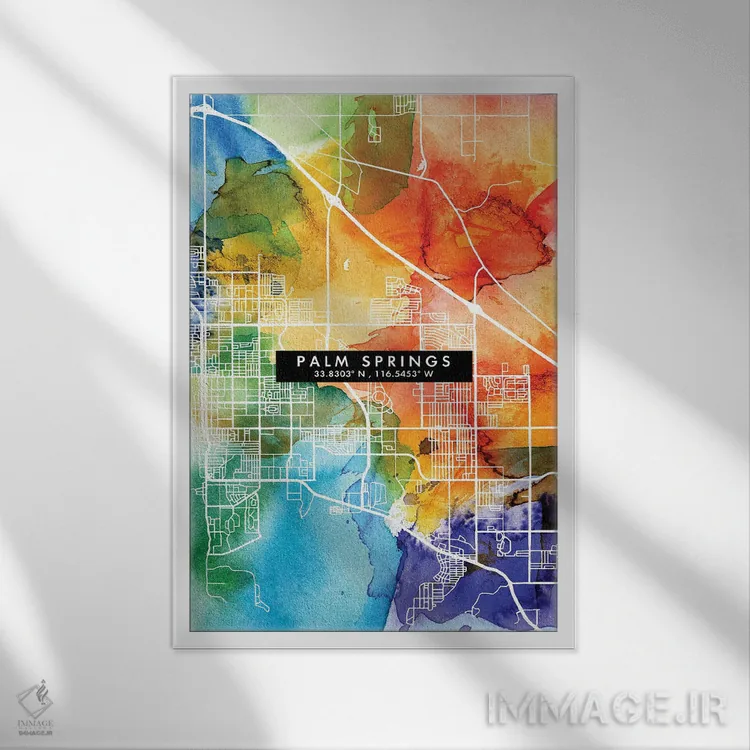 تابلو دکوراتیو California City Map Colorful Watercolor Style,نقشه شهر پ… اثر وال دکور ادیکت - نمای قابدار سفید