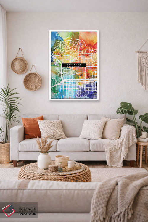 تابلو دکوراتیو California City Map Colorful Watercolor Style,نقشه شهر پ… اثر وال دکور ادیکت - D2W