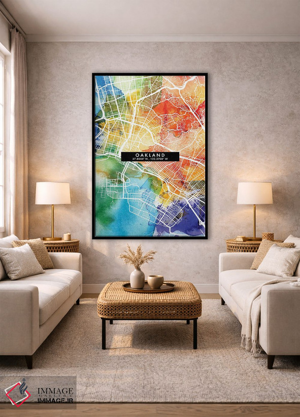 تابلو دکوراتیو California City Map Colorful Watercolor Style,نقشه شهر ا… اثر وال دکور ادیکت - D2B