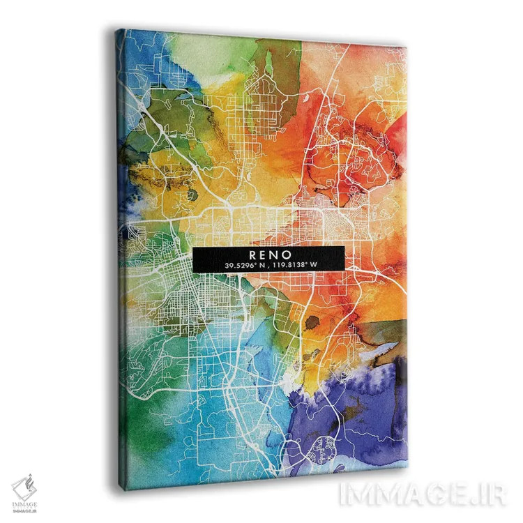 تابلو دکوراتیو Nevada City Map Colorful Watercolor Style,نقشه شهر رینو… اثر وال دکور ادیکت - نمای پرسپکتیو محصول