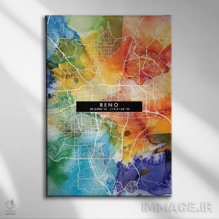 تابلو دکوراتیو Nevada City Map Colorful Watercolor Style,نقشه شهر رینو… اثر وال دکور ادیکت - نمای روبهرو روی دیوار