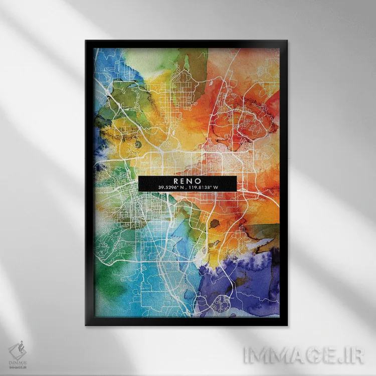 تابلو دکوراتیو Nevada City Map Colorful Watercolor Style,نقشه شهر رینو… اثر وال دکور ادیکت - نمای قابدار مشکی