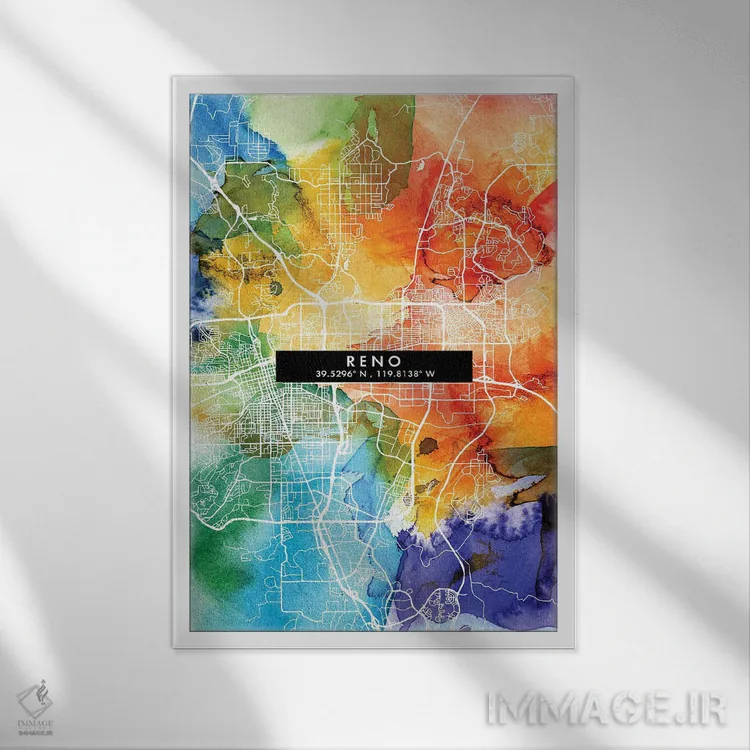 تابلو دکوراتیو Nevada City Map Colorful Watercolor Style,نقشه شهر رینو… اثر وال دکور ادیکت - نمای قابدار سفید