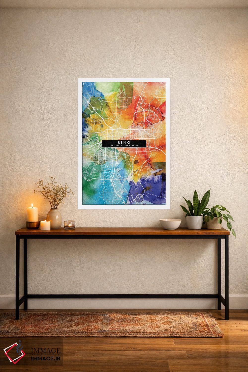 تابلو دکوراتیو Nevada City Map Colorful Watercolor Style,نقشه شهر رینو… اثر وال دکور ادیکت - D2W