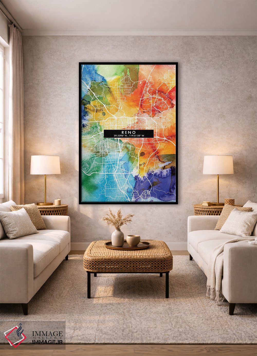 تابلو دکوراتیو Nevada City Map Colorful Watercolor Style,نقشه شهر رینو… اثر وال دکور ادیکت - D1B