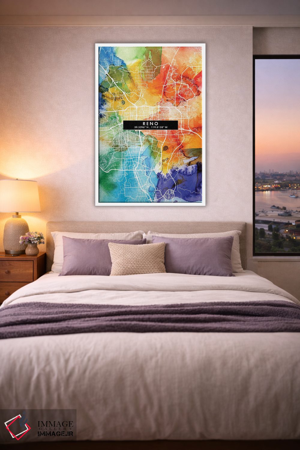 تابلو دکوراتیو Nevada City Map Colorful Watercolor Style,نقشه شهر رینو… اثر وال دکور ادیکت - D3W