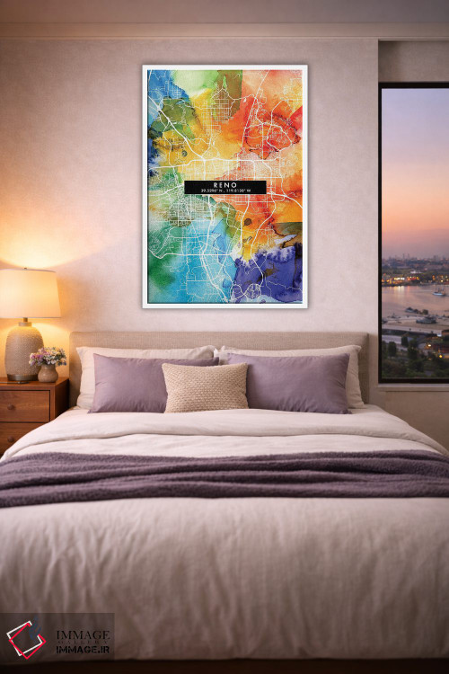 تابلو دکوراتیو Nevada City Map Colorful Watercolor Style,نقشه شهر رینو… اثر وال دکور ادیکت - D3W