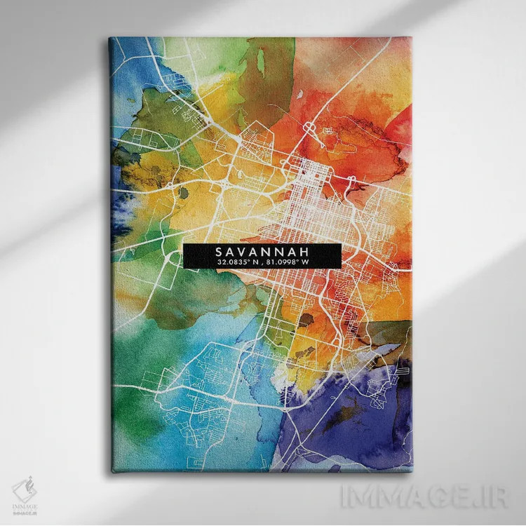 تابلو دکوراتیو Georgia City Map Colorful Watercolor Style,نقشه شهر ساوا… اثر وال دکور ادیکت - نمای روبهرو روی دیوار