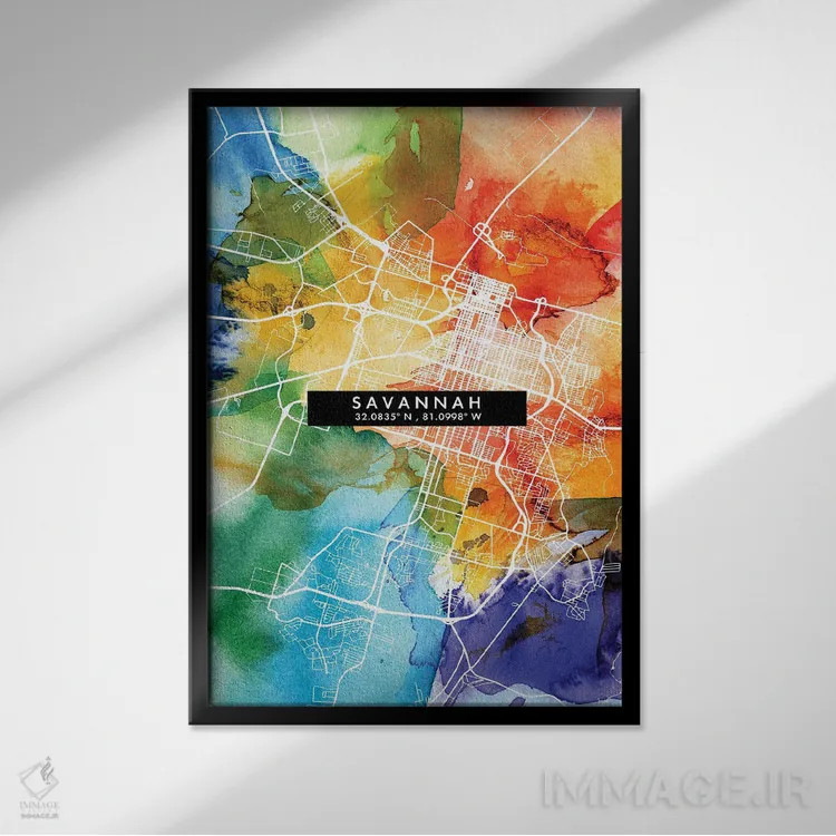 تابلو دکوراتیو Georgia City Map Colorful Watercolor Style,نقشه شهر ساوا… اثر وال دکور ادیکت - نمای قابدار مشکی