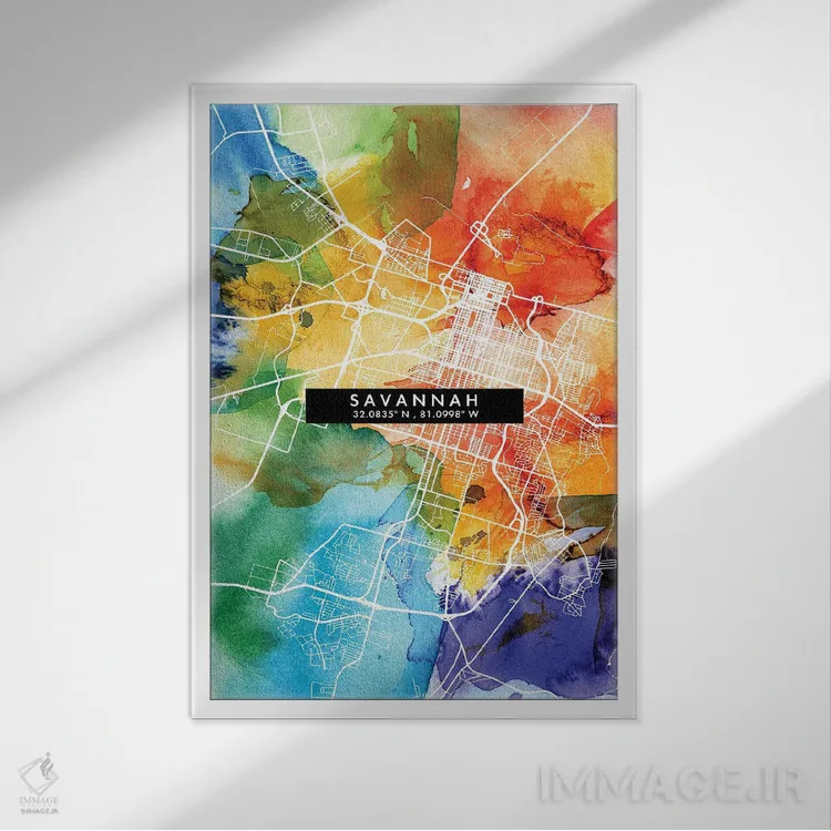 تابلو دکوراتیو Georgia City Map Colorful Watercolor Style,نقشه شهر ساوا… اثر وال دکور ادیکت - نمای قابدار سفید