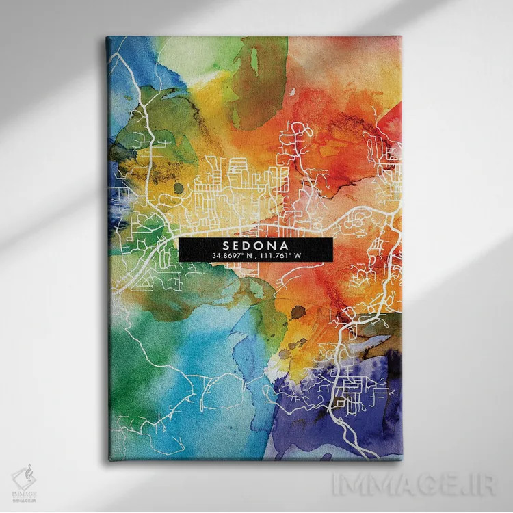 تابلو دکوراتیو Arizona City Map Colorful Watercolor Style,نقشه شهر سدون… اثر وال دکور ادیکت - نمای روبهرو روی دیوار