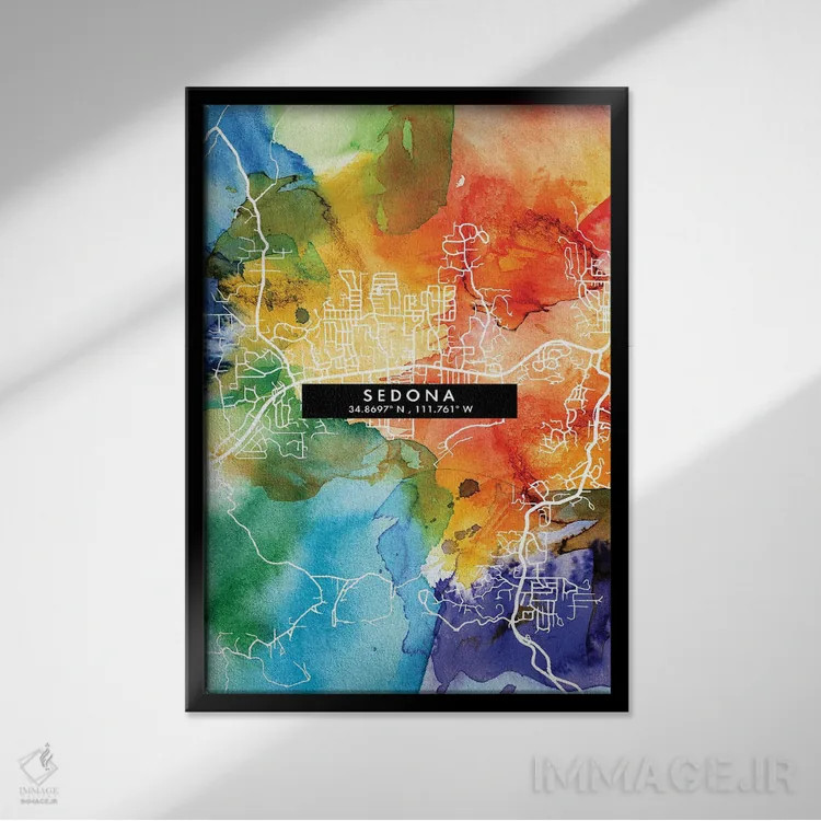 تابلو دکوراتیو Arizona City Map Colorful Watercolor Style,نقشه شهر سدون… اثر وال دکور ادیکت - نمای قابدار مشکی