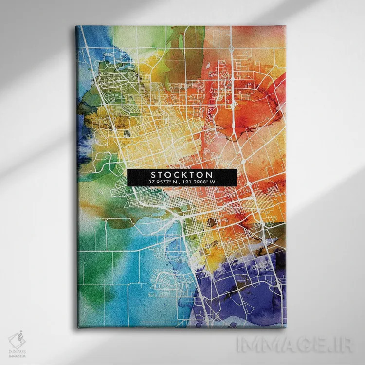 تابلو دکوراتیو California City Map Colorful Watercolor Style,نقشه شهر ا… اثر وال دکور ادیکت - نمای روبهرو روی دیوار