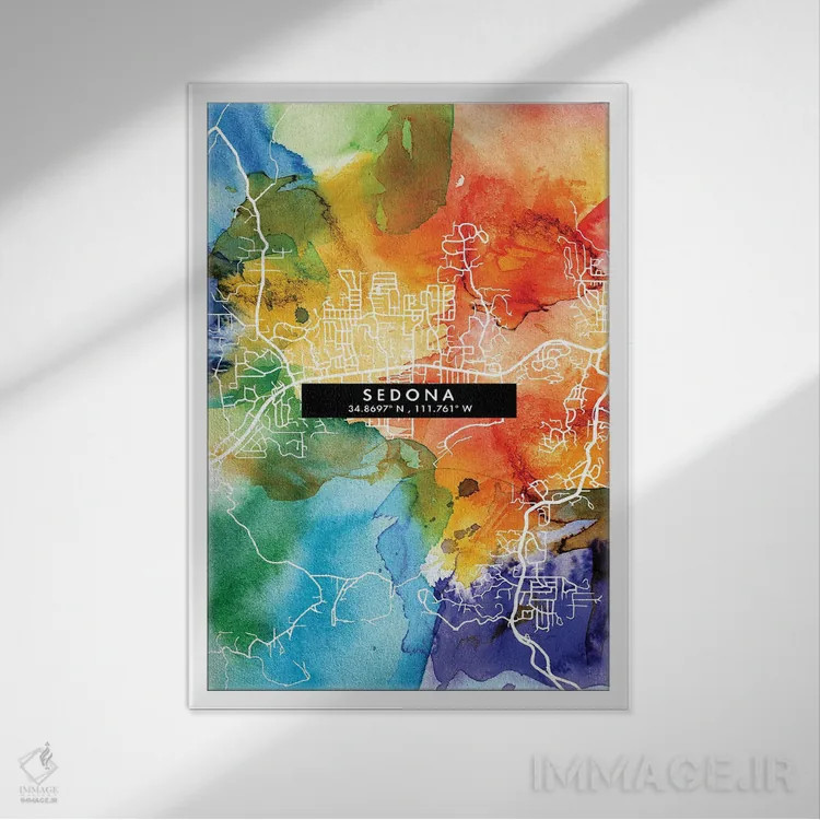 تابلو دکوراتیو Arizona City Map Colorful Watercolor Style,نقشه شهر سدون… اثر وال دکور ادیکت - نمای قابدار سفید