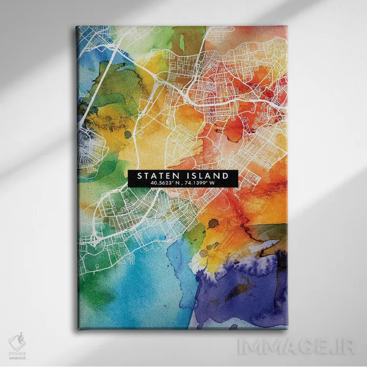 تابلو دکوراتیو New York City Map Colorful Watercolor Style,نقشه جزیره ا… اثر وال دکور ادیکت - نمای روبهرو روی دیوار