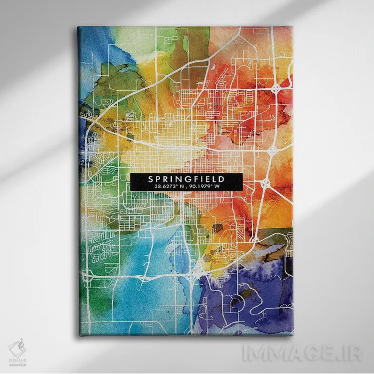 تابلو دکوراتیو Illinois City Map Colorful Watercolor Style,نقشه شهر اسپ… اثر وال دکور ادیکت - نمای روبهرو روی دیوار