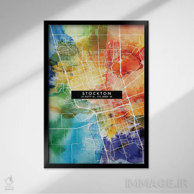 تابلو دکوراتیو California City Map Colorful Watercolor Style,نقشه شهر ا… اثر وال دکور ادیکت - نمای قابدار مشکی