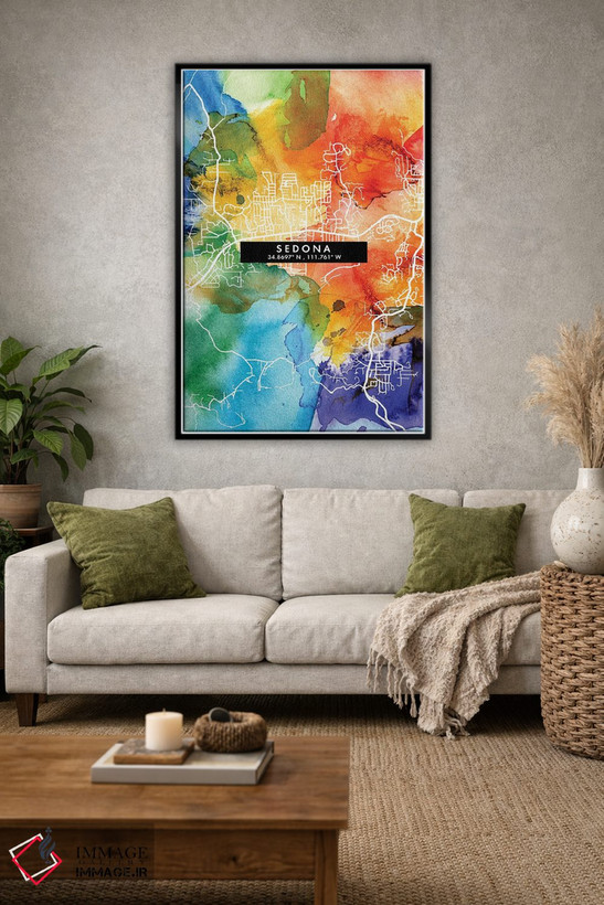 تابلو دکوراتیو Arizona City Map Colorful Watercolor Style,نقشه شهر سدون… اثر وال دکور ادیکت - D2B