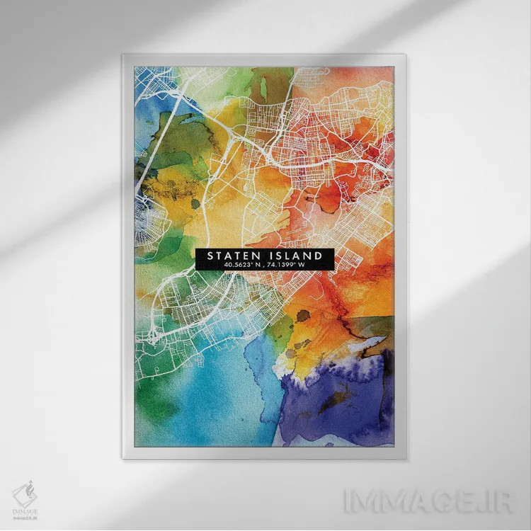 تابلو دکوراتیو New York City Map Colorful Watercolor Style,نقشه جزیره ا… اثر وال دکور ادیکت - نمای قابدار سفید