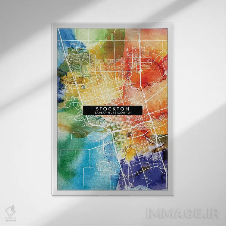 تابلو دکوراتیو California City Map Colorful Watercolor Style,نقشه شهر ا… اثر وال دکور ادیکت - نمای قابدار سفید