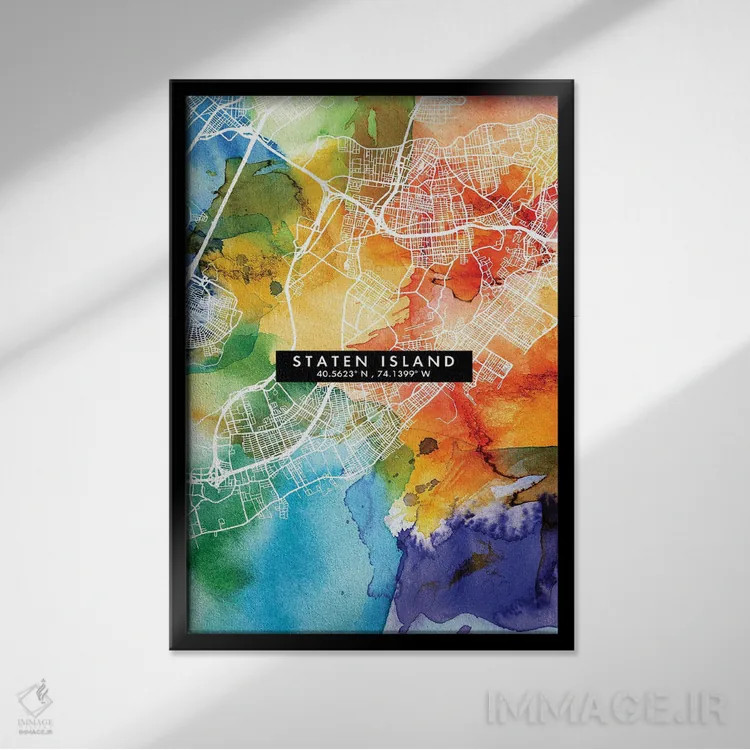 تابلو دکوراتیو New York City Map Colorful Watercolor Style,نقشه جزیره ا… اثر وال دکور ادیکت - نمای قابدار مشکی