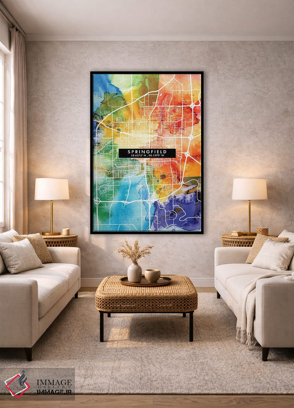 تابلو دکوراتیو Illinois City Map Colorful Watercolor Style,نقشه شهر اسپ… اثر وال دکور ادیکت - D1B