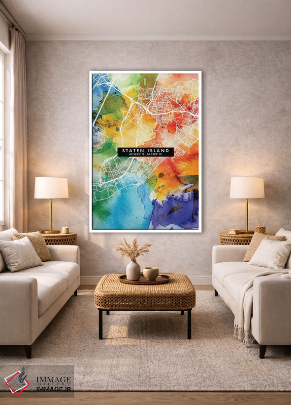تابلو دکوراتیو New York City Map Colorful Watercolor Style,نقشه جزیره ا… اثر وال دکور ادیکت - D1W