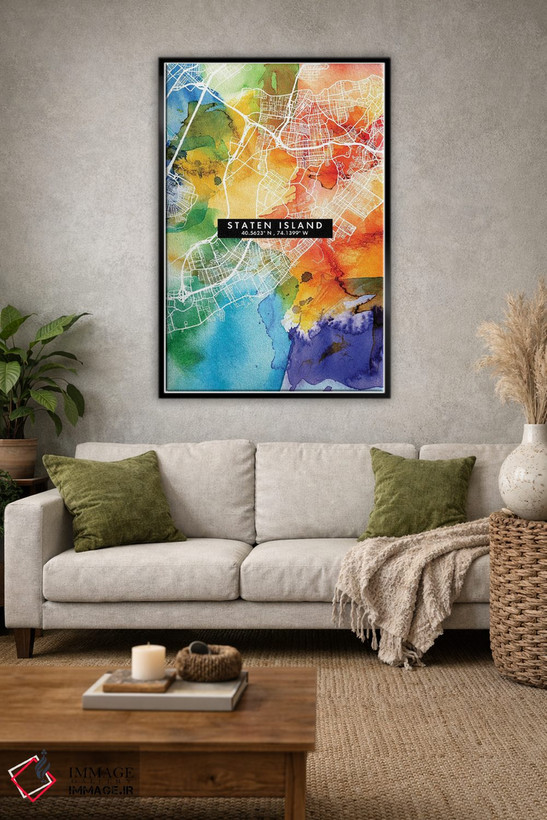 تابلو دکوراتیو New York City Map Colorful Watercolor Style,نقشه جزیره ا… اثر وال دکور ادیکت - D2B