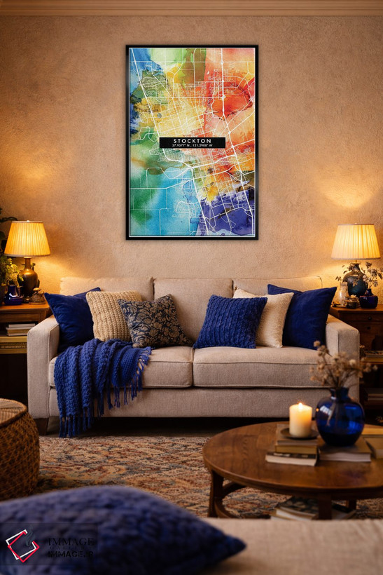 تابلو دکوراتیو California City Map Colorful Watercolor Style,نقشه شهر ا… اثر وال دکور ادیکت - D3B