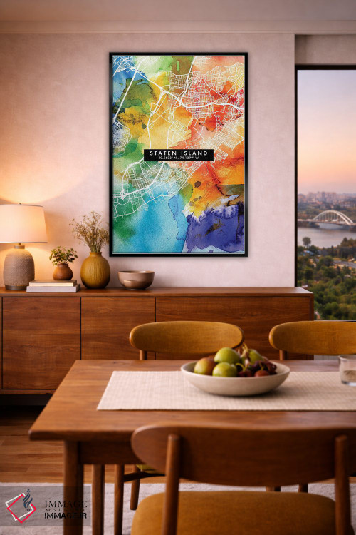 تابلو دکوراتیو New York City Map Colorful Watercolor Style,نقشه جزیره ا… اثر وال دکور ادیکت - D6B