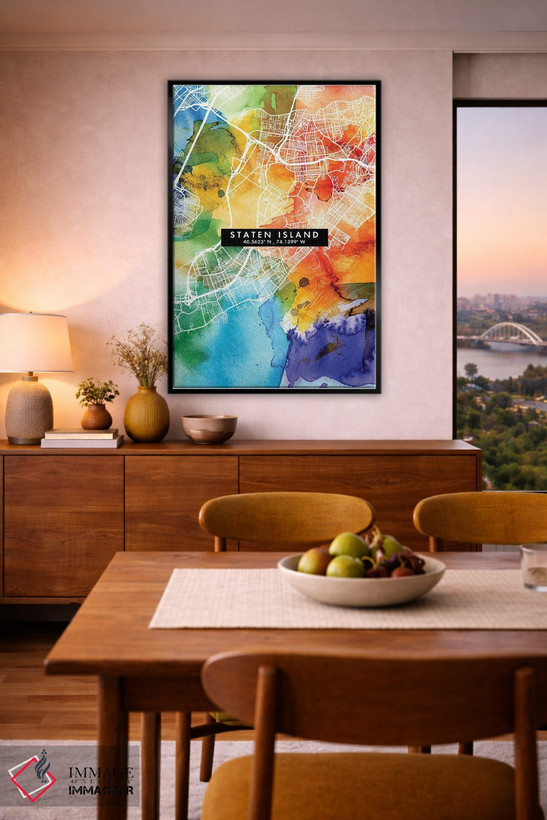 تابلو دکوراتیو New York City Map Colorful Watercolor Style,نقشه جزیره ا… اثر وال دکور ادیکت - D6B