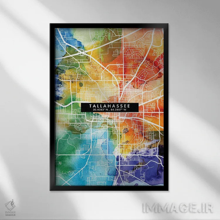 تابلو دکوراتیو Florida City Map Colorful Watercolor Style,نقشه شهر تالا… اثر وال دکور ادیکت - نمای قابدار مشکی