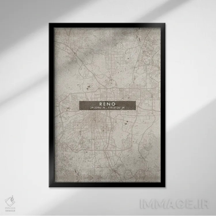 تابلو دکوراتیو Nevada City Map Abstract Style,نقشه شهر رنو، نوادا به سب… اثر وال دکور ادیکت - نمای قابدار مشکی