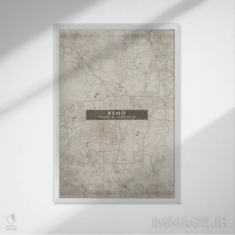 تابلو دکوراتیو Nevada City Map Abstract Style,نقشه شهر رنو، نوادا به سب… اثر وال دکور ادیکت - نمای قابدار سفید