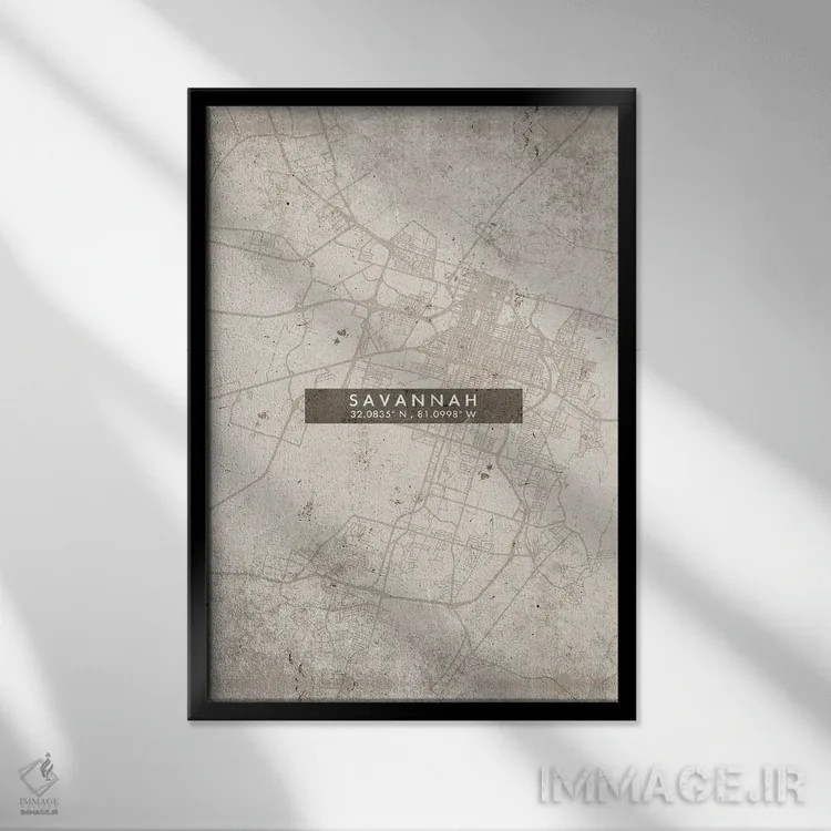 تابلو دکوراتیو Georgia City Map Abstract Style,نقشه شهر ساوانا، جورجیا… اثر وال دکور ادیکت - نمای قابدار مشکی