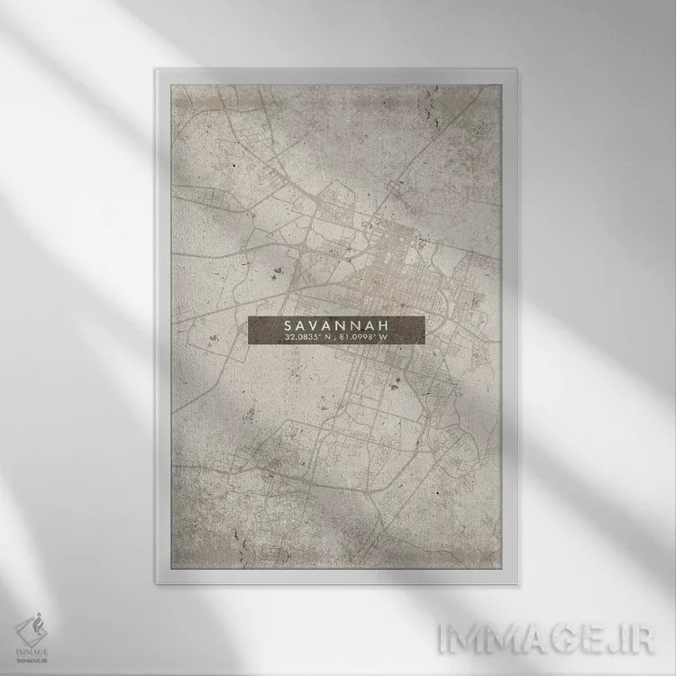 تابلو دکوراتیو Georgia City Map Abstract Style,نقشه شهر ساوانا، جورجیا… اثر وال دکور ادیکت - نمای قابدار سفید
