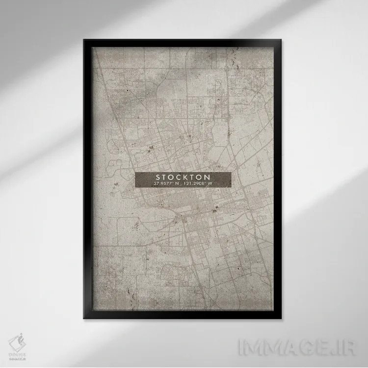 تابلو دکوراتیو California City Map Abstract Style,نقشه شهر استوکتون، کا… اثر وال دکور ادیکت - نمای قابدار مشکی