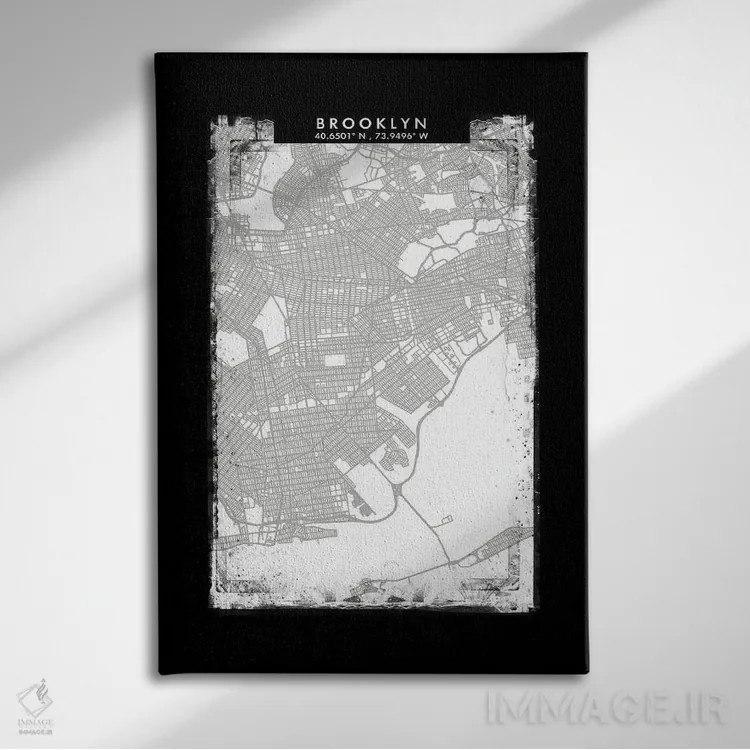 تابلو دکوراتیو New York City Map Black White Grey Style,نقشه منطقه بروک… اثر وال دکور ادیکت - نمای روبهرو روی دیوار