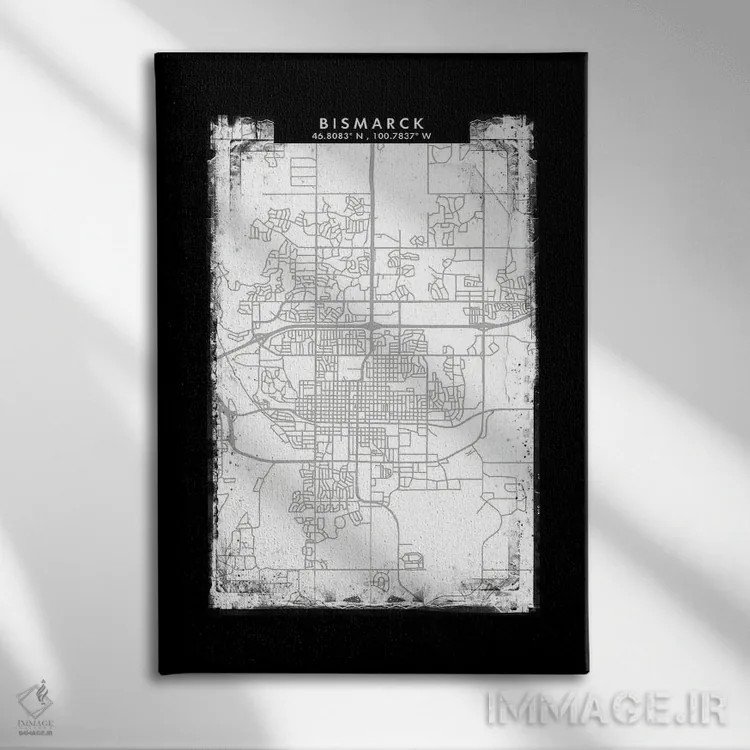 تابلو دکوراتیو North Dakota City Map Black White Grey Style,نقشه شهر بی… اثر وال دکور ادیکت - نمای روبهرو روی دیوار
