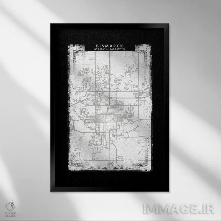تابلو دکوراتیو North Dakota City Map Black White Grey Style,نقشه شهر بی… اثر وال دکور ادیکت - نمای قابدار مشکی