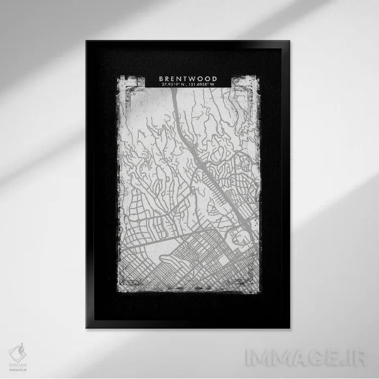 تابلو دکوراتیو California City Map Black White Grey Style,نقشه شهر برنت… اثر وال دکور ادیکت - نمای قابدار مشکی