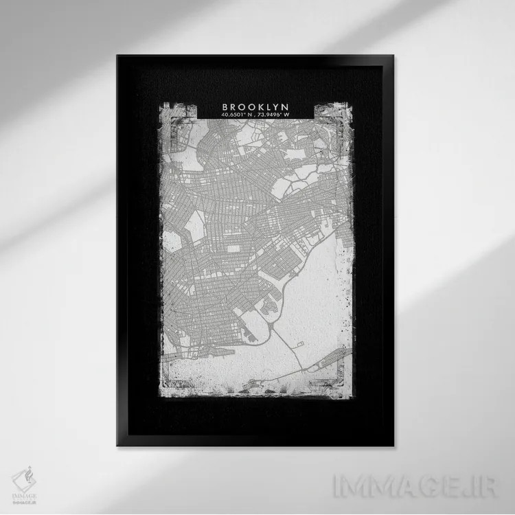 تابلو دکوراتیو New York City Map Black White Grey Style,نقشه منطقه بروک… اثر وال دکور ادیکت - نمای قابدار مشکی
