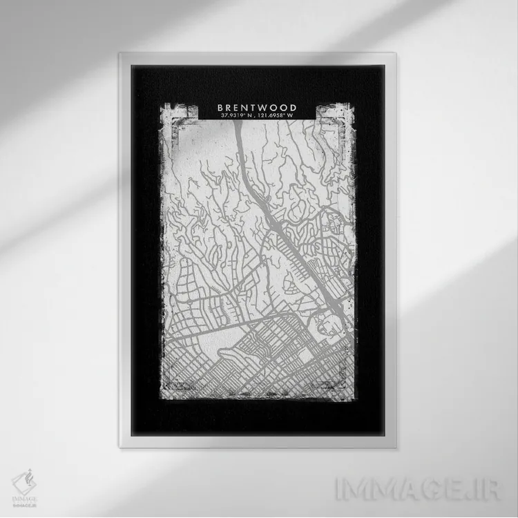 تابلو دکوراتیو California City Map Black White Grey Style,نقشه شهر برنت… اثر وال دکور ادیکت - نمای قابدار سفید