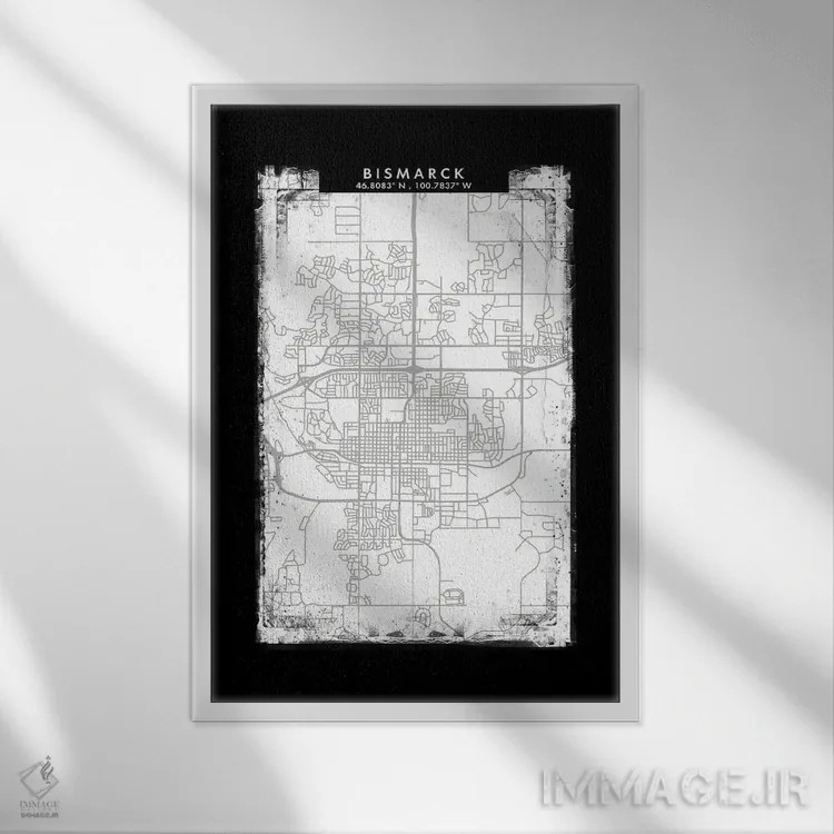 تابلو دکوراتیو North Dakota City Map Black White Grey Style,نقشه شهر بی… اثر وال دکور ادیکت - نمای قابدار سفید