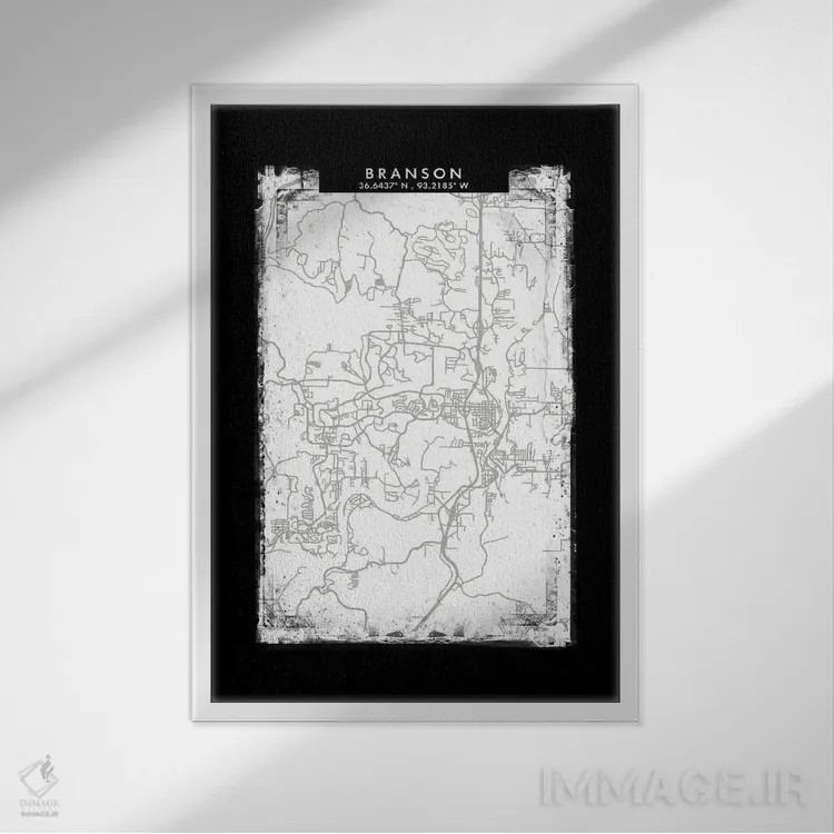 تابلو دکوراتیو Missouri City Map Black White Grey Style,نقشه شهر برانسو… اثر وال دکور ادیکت - نمای قابدار سفید